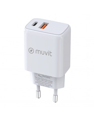 muvit for change cargador de pared 1 USB QC 3.0 18W + 1 Tipo C PD 25W blanco