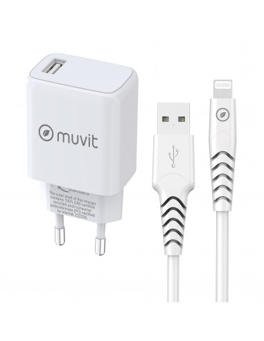 muvit for change pack cargador de pared USB 2.4A 12W + cable lightning MFI 2.4A 1,2m blanco