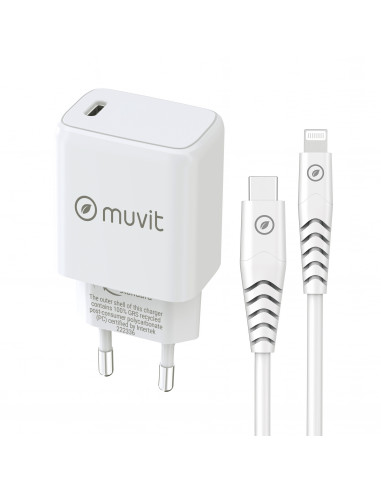 muvit for change pack cargador de pared Tipo C PD 20W + cable tipo C a lightning MFI 3A 1m blanco