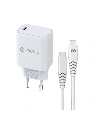 muvit for change pack cargador de pared Tipo C PD 20W + cable tipo C a tipo C 3A 1m blanco