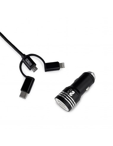 Subblim Pack Cargador de coche 2 USB A 2.4A + Cable 3 en 1  micro USB+Tipo C+Lightning negro