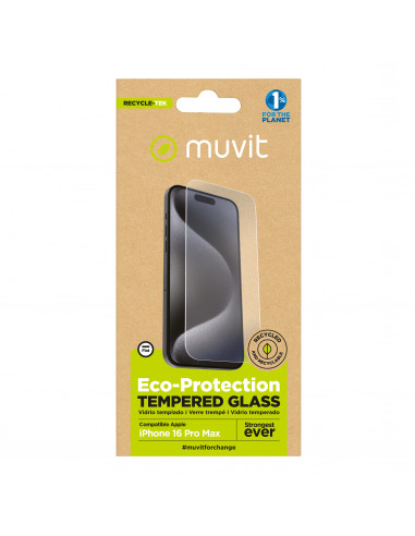 muvit for change protector pantalla recycletek compatible con Apple iPhone 17 Pro Max/16 Pro Max vidrio templado plano