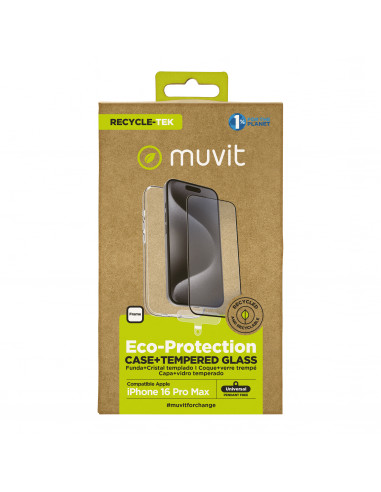 muvit for change funda compatible con Apple iPhone 16 Pro Max + protector de pantalla vidrio templado plano marco negro