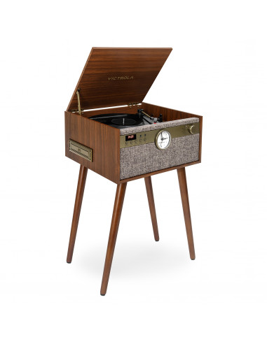 Victrola Tocadiscos Century con reloj y patas Nogal