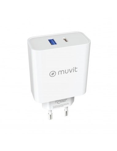 muvit for change cargador de pared 1 USB QC 3.0 18W+1 Tipo C PD 65W blanco