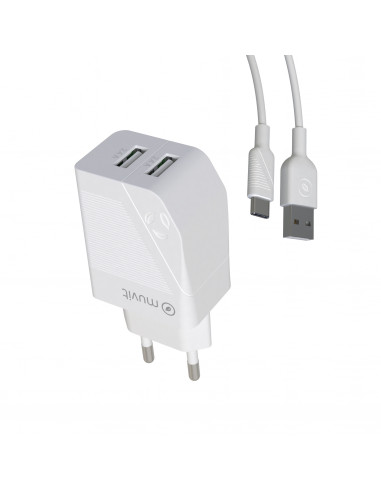 muvit for change pack cargador de pared USB 2 puertos 2.4A/12W + cable 1,2m Tipo C blanco