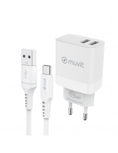 muvit for change pack cargador de pared 2 USB 3,4A/18W + Cable Tipo C 3A/60W 1,2m blanco