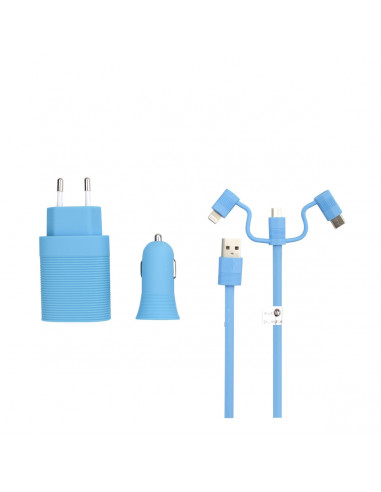 muvit life pack cargador de coche usb+cargador de casa usb+cable 3 en 1 micro usb, tipo C y lightning azul