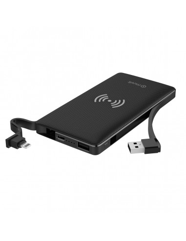 muvit power bank 10000 mAh 2 USB 1A + 2,1 Output + 1 input  (Micro USB) + carga inalámbrica Qi 5W cable integrado negra
