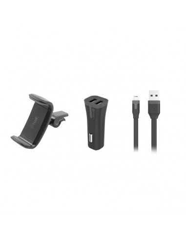 muvit pack soporte coche salida aire hasta 6,2" + cargador coche USB 2 puertos 2A negro + cable USB-Lightning MFI 1m