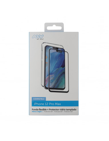 myway funda compatible con Apple iPhone 12 Pro Max + protector pantalla vidrio templado plano marco negro