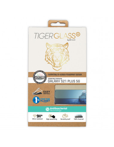 Tiger protector pantalla compatible con Samsung Galaxy S21 Plus 5G vidrio templado curvo marco negro anti bacteria