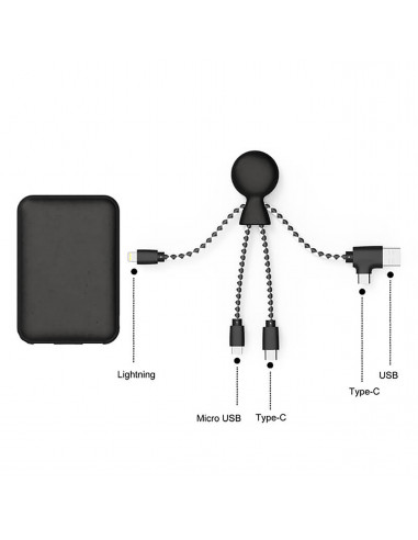 Xoopar Pack Bio batería externa 5.000 mAh biodegradable +   cable multi USB, Tipo C in/out, micro USB y Lightning negro