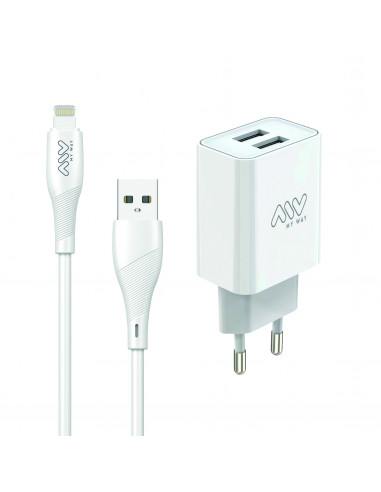 myway pack cargador de pared compatible Apple Lightning 2 USB 2.4A + cable 1m blanco