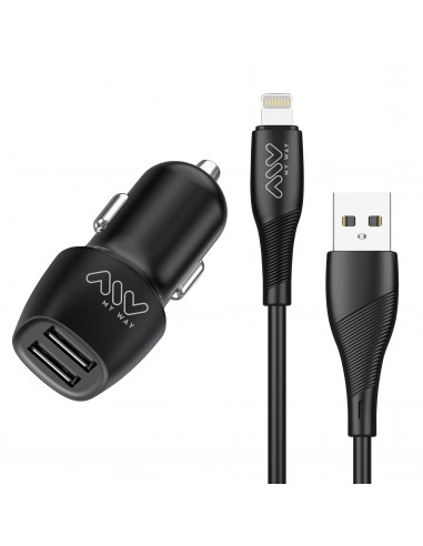 myway pack cargador coche compatible Apple Lightning 2USB 3.4A + cable 1m negro