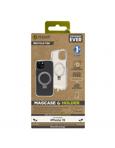 muvit for change funda recycletek Magsafe con soporte compatible con Apple iPhone 15 transparente