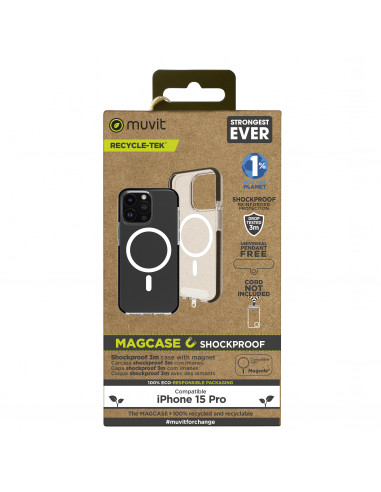 muvit for change funda recycletek Magsafe shockproof 3m compatible con Apple iPhone 15 Pro transparente/negra