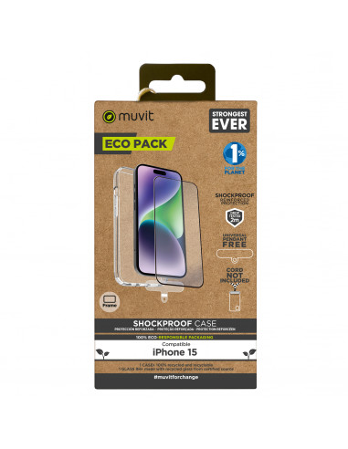 muvit for change funda shockproof 2M Apple iPhone 15 + protector de pantalla vidrio templado plano marco negro